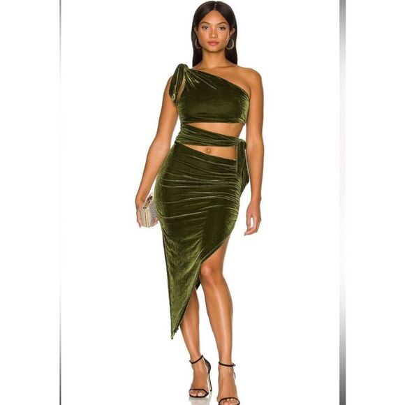 Lovers & Friends Tessa Midi Dark Green Velvet Slit  Dress, Size Small - Picture 2 of 7